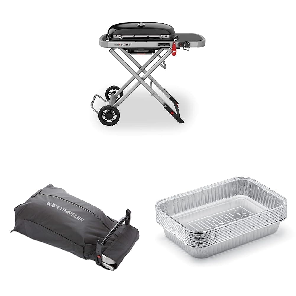 Weber Traveler Portable Gas Grill, Black & Traveler Cargo Protector Grill Cover, Heavy Duty and Water-Resistant & Aluminum Drip Pans, 5 x 1.4 x 7.5 Inches, Set of 10