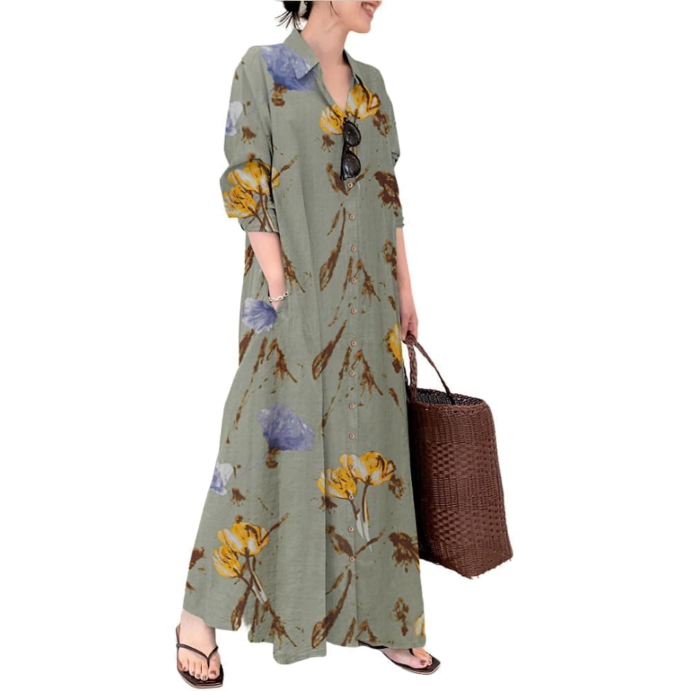 TIAFORD Women's Casual Button Down Cotton Linen Maxi Dress Long Sleeve Lapel Loose Plus Size Shirt Dresses with 2 Pockets