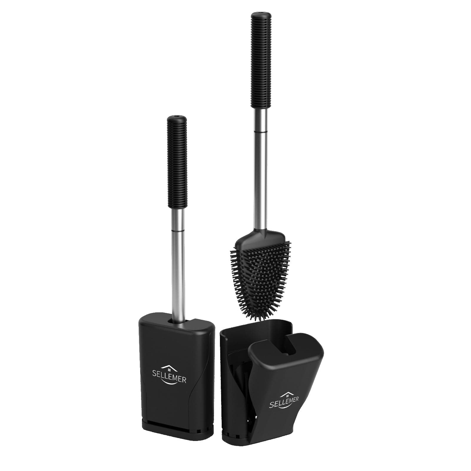Upgraded Ventilation Design Toilet Brush - 2 Pack Sellemer Toilet Brush and Holder Set with Silicone Bristles to Easily Clean Dead Corners, Compact Size for Storage and Space Saving, Black