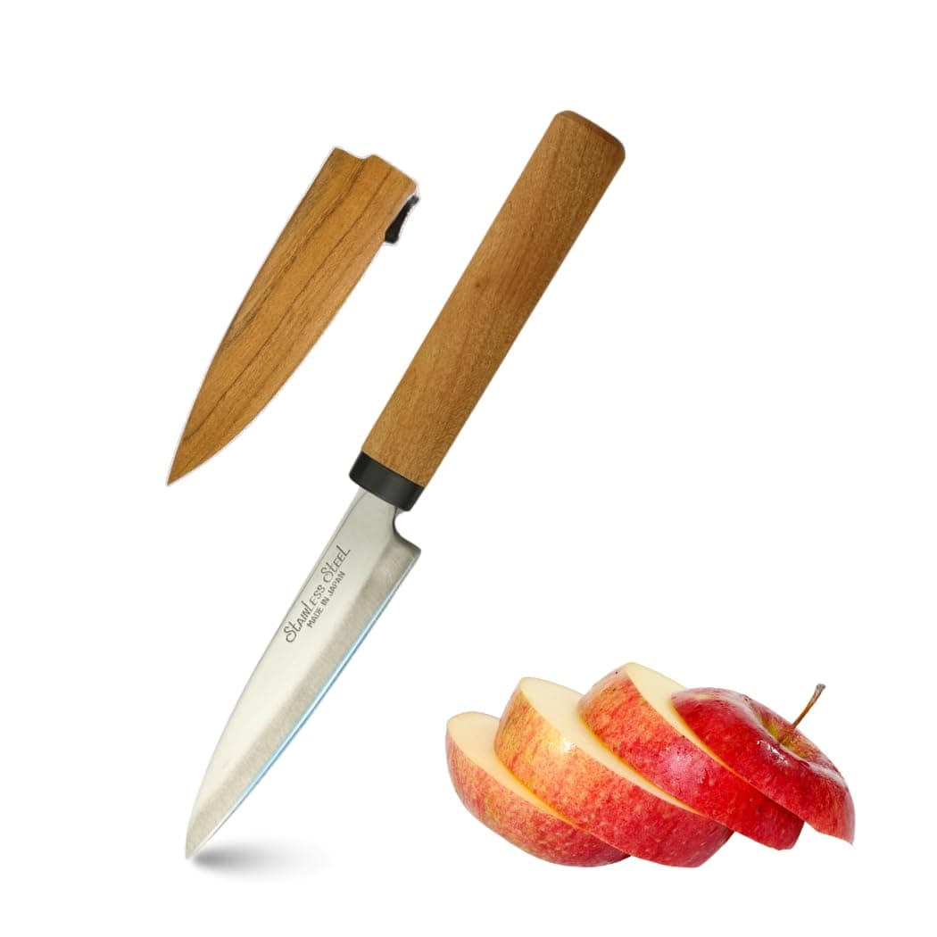 Japanese Paring Knife 4-Inch, High Carbon Stainless Steel Fruit Knife with Wooden Handle and Sheath, Small Utility Kitchen Knife for Peeling, Coring, Mincing, Made in Japan