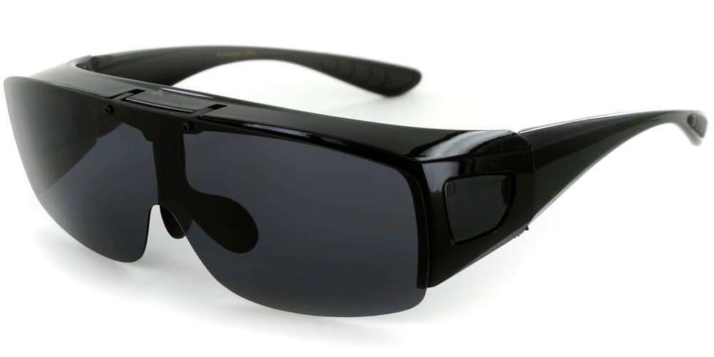 "Flip-Up Coverup" Polarized Sunglasses Average Size Smoke Lens - Unisex (Shiny Black w/Smoke)