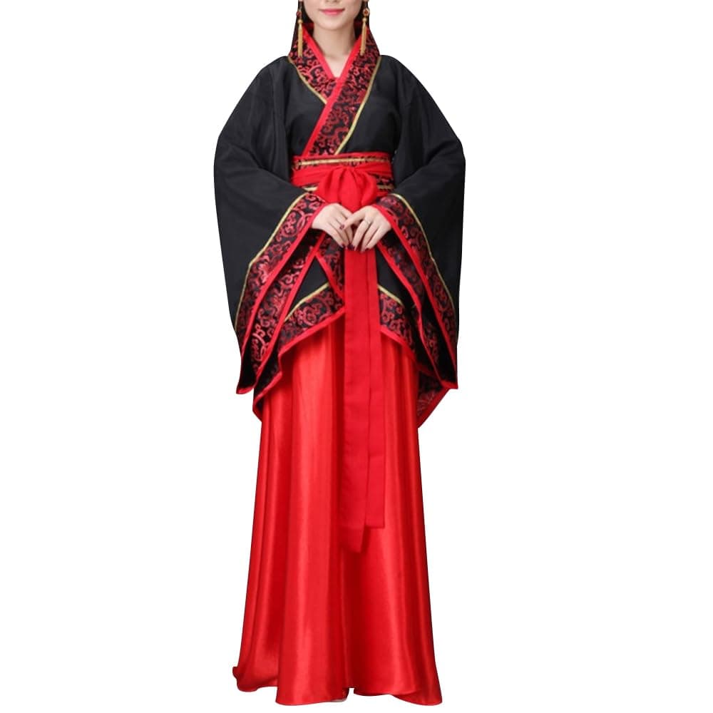 QYUU Women's Chinese Hanfu Dress Ancient Traditional Costume Outfit Stage Performance Wear (1# Black Top+Red Skirt, L)