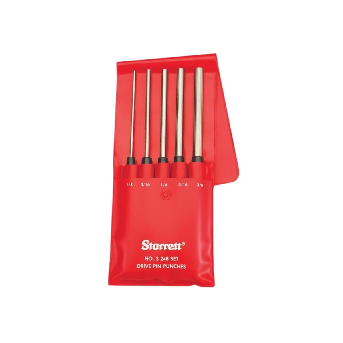 S248PC Extended Length Drive Pin Punch Set, 1/8"-3/8" Pin Diameters, 8" Overall Length, 3-1/2" Pin Length, In Red Vinyl Pouch