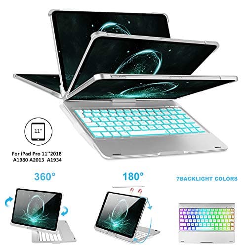 iPad Pro 11 Case for iPad Pro 11 inch 2018 with Keyboard & Pencil Holder,[Support Pencil Charging], 7 Colors Backlight, 360° Rotatable, Wireless Buletooth Connect, iPad Pro Keyboard 11, Silver