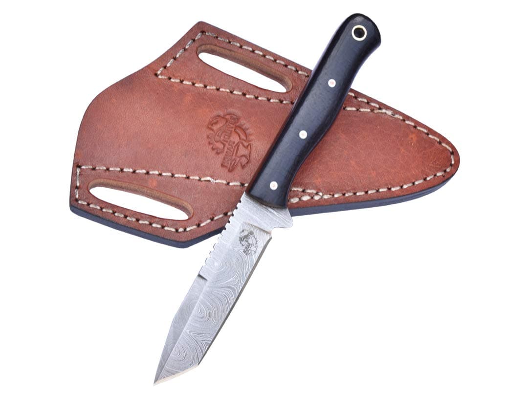 Knives Ranch Handmade Damascus Steel Slim Tanto Knife with Midnight Blue Micarta Handle Fine Quality 45 Degree Sheath Snug Fit (3184-MIDNIGHT)