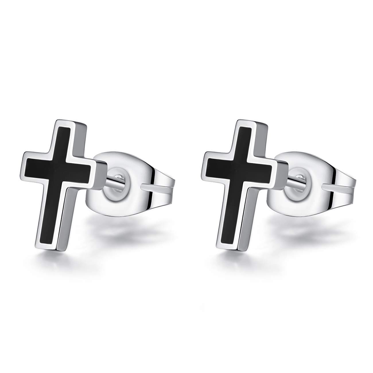 925 Sterling Silver and Stainless Steel Cross Stud Earrings for Women Men, 3 Pairs