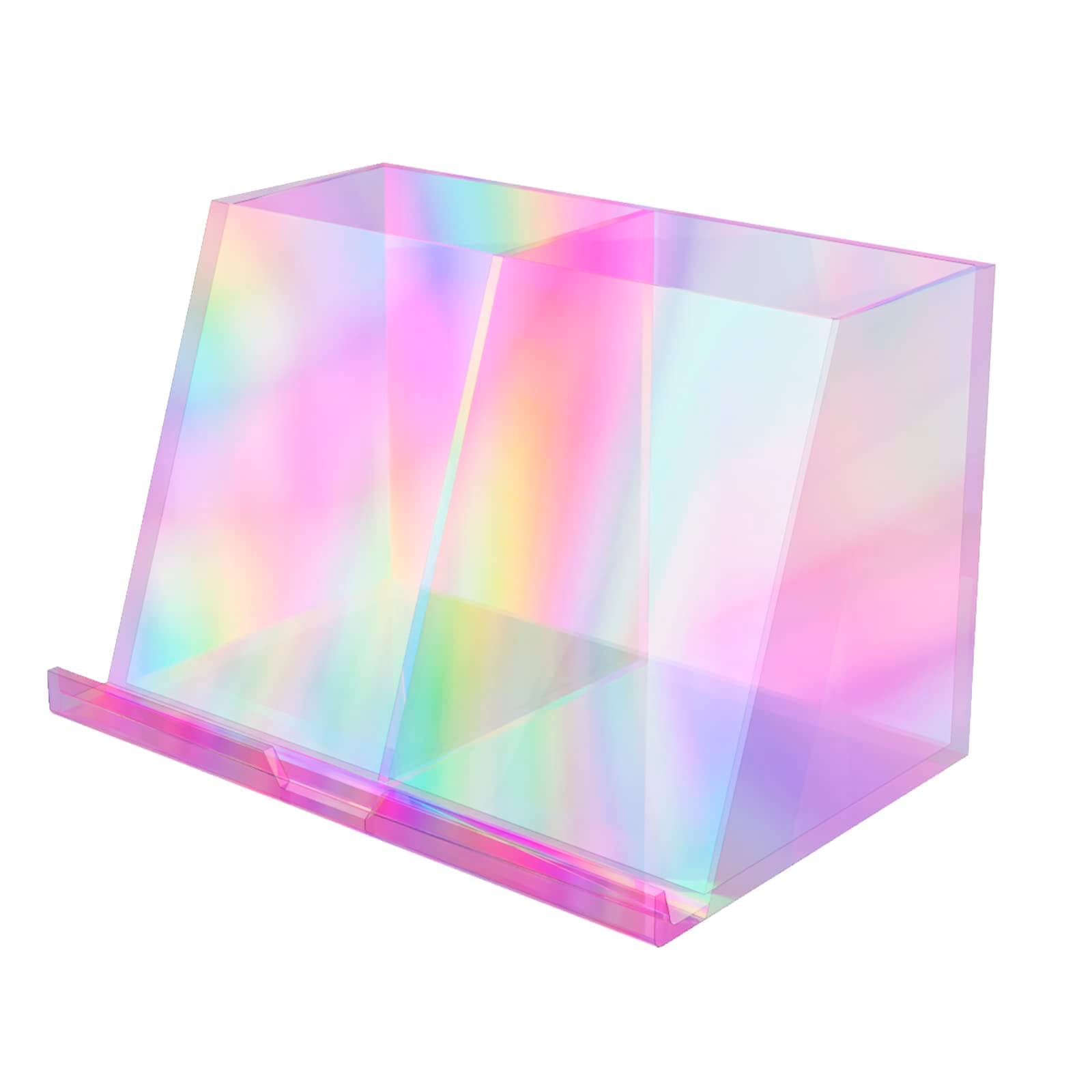 iJoy Acrylic Desk Organizer and Pen Holder – Pink Iridescent Office Desk Organizers with Two Compartments & Built in Phone/Tablet Stand –Kawaii Desk Accessories for Office Organization- Kawaii Stuff
