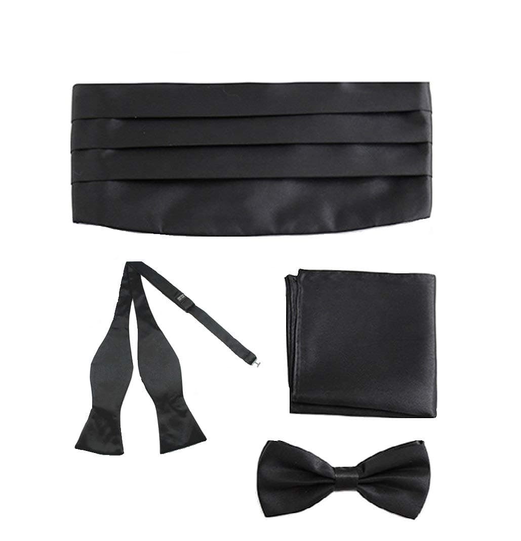 Shopluvonline Unisex Complete Satin Cummerbund Combo| Neck Tie, Bow Tie, Open Bow Pocket , Square Cufflinks (Black, Free Size) -4 Pieces Set