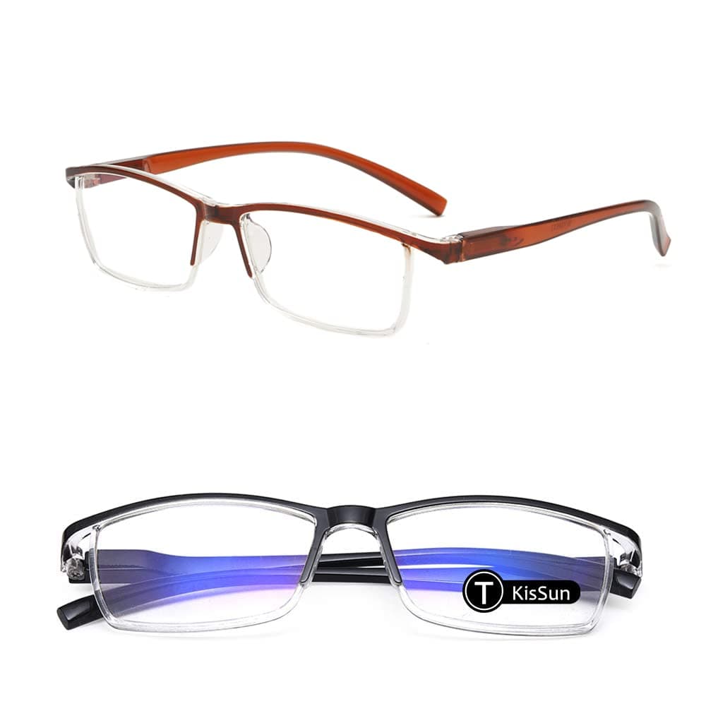 KISSUN 2 Pack Blue Light Blocking Reading Glasses Computer Reader Filter UV Glare Blocking Fashion Gaming Eyeglasses Women Men Square Frame, Black