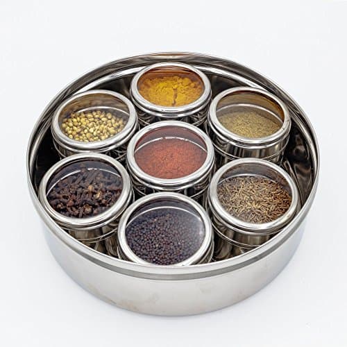 Stainless Steel Masala Dabba or Indian Spice or Tea Box with 7 containers and see through Lids by Soha