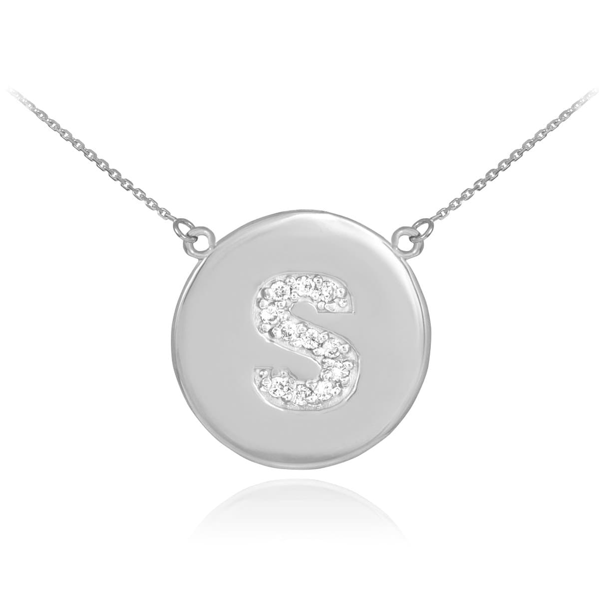 14k White Gold Letter S Initial Diamond Disc Necklace