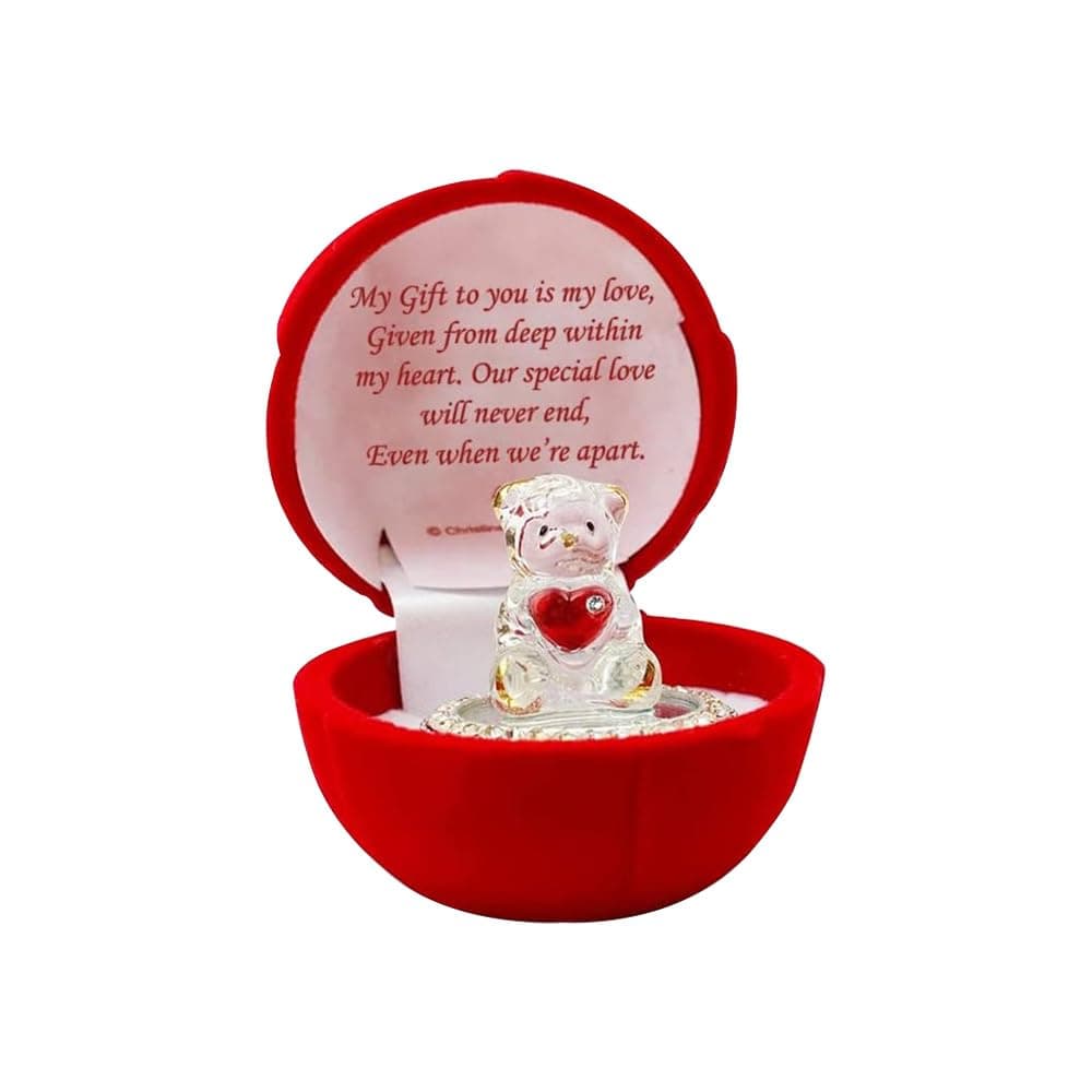 Love Heart Teddy Bear Ornament Red Celebration Rose Gift Boxed Glass Present Girlfriend Boyfriend BF GF Wife Christmas Valentines Day Gift
