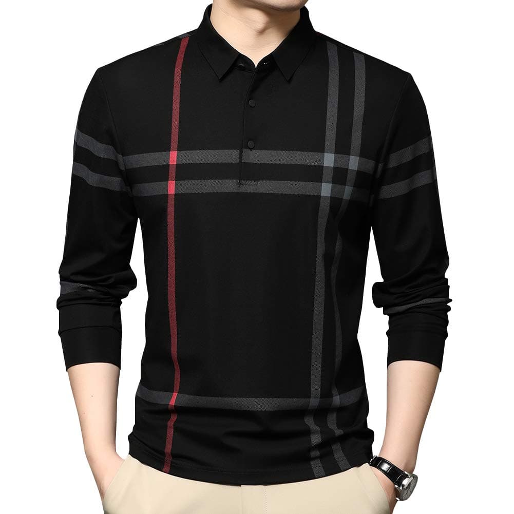 WomleysMens Casual Striped Long Sleeve Collared T Shirt Polo Shirts