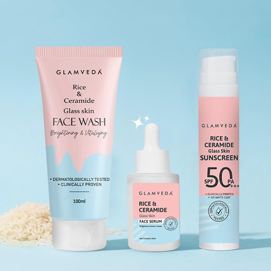Glamveda Korean Rice & Ceramide 3 Step Daily Skincare Routine | Face Wash, Serum & Sunscreen | For Clear, Glass Korean Skin Brightening & Hydrated Skin | For Men & Women