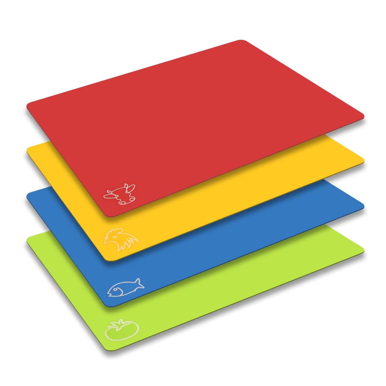 Fotouzy Flexible Plastic Cutting Board Mats with Food Icons, BPA-Free, Non-Porous, 100% Non-slip Back and Dishwasher Safe, Colorful Set of 4