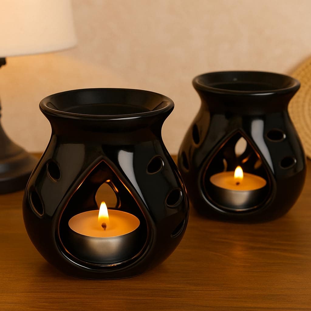 Ceramic Clay Oil Burner Aroma Diffuser (Black) -Set of 2