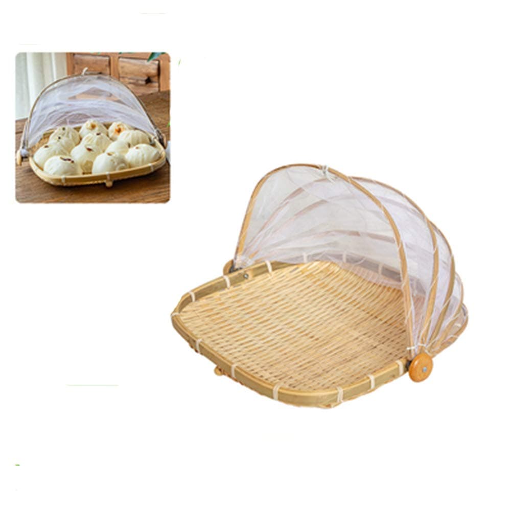 Bread Basket, with Mesh Food Covers Tent Umbrella, Detachable Square Bamboo Food Serving Baskets, for Kitchen Food Fruit, Vegetables, Storage