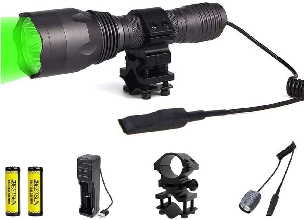 LUXJUMPER 20000 Lumens Green Light Torch, 350 Yards Green LED Predator Light Coyote Varmints Hunting Tactical Torches Waterproof with Pressure Switch, Picatinny Rail Rifle Barrel Mount