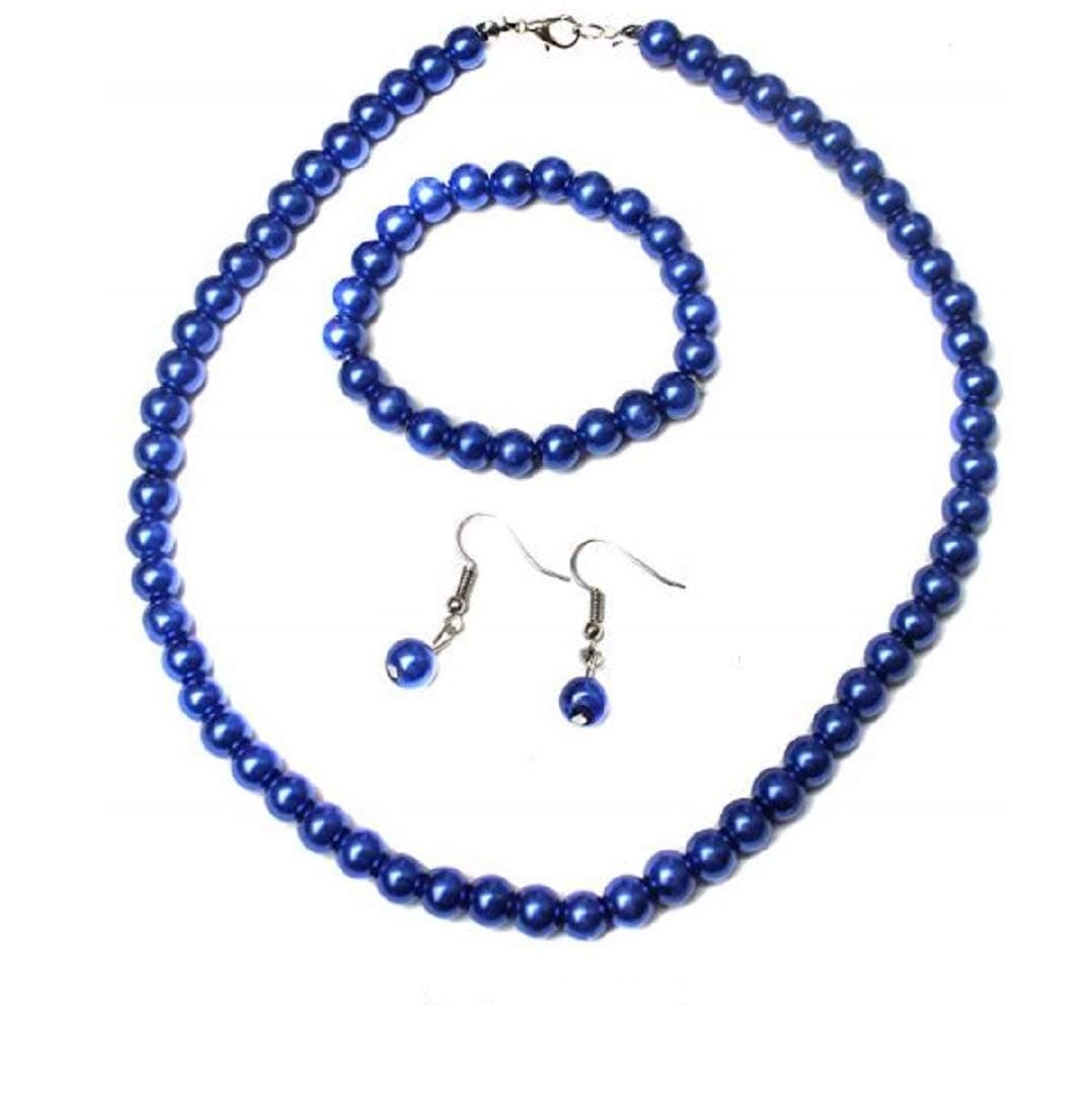 Royal Blue Glass Pearl Necklace with Earrings and Bracelet