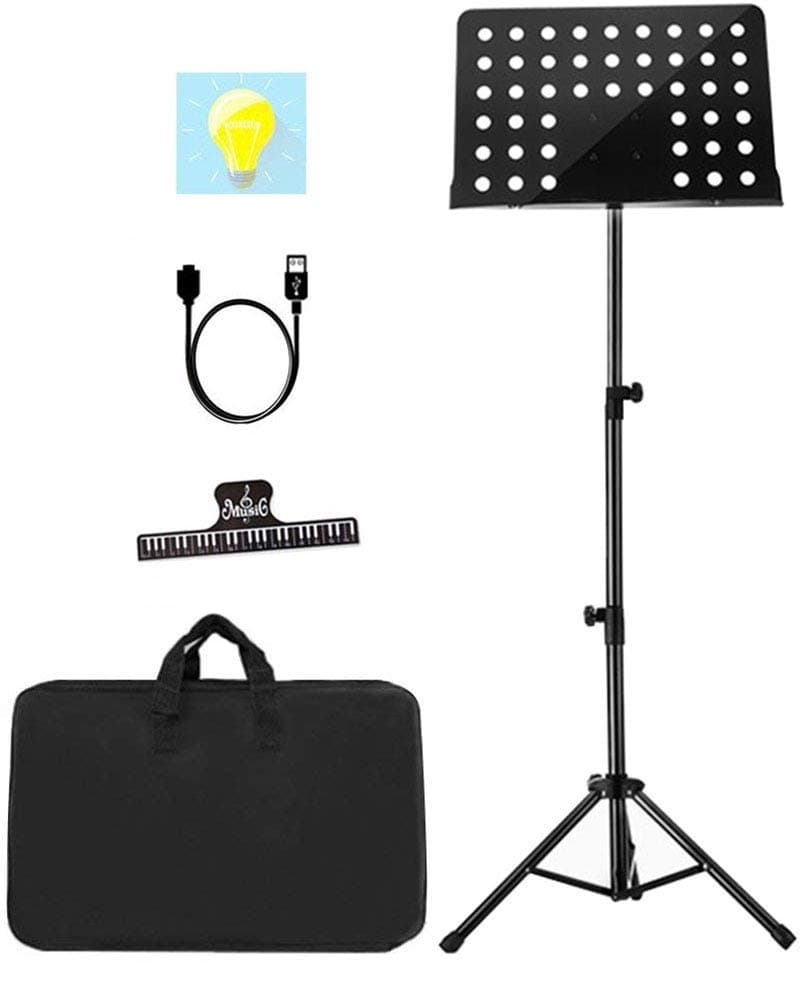 Sheet Music Stand with Light Portable Violin Guitar Music Book Holder,Paper clip,Foldable Music Stand with Carrying Bag Black