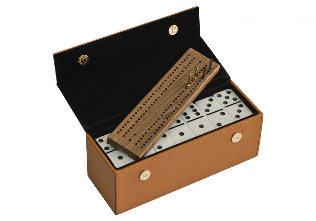 Alex Cramer Domino Set with Caramel Colored Leather Case - Professional Tournament Traveler - No Spinners Domino Set - 28 Indestructible Double Six Dominoes