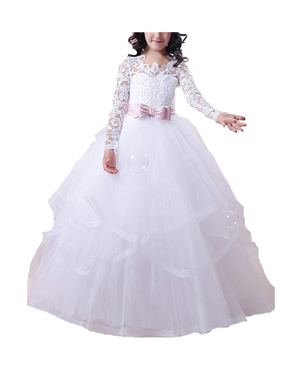 Oudy Lace Appliques Flower Girl Dress Holy First Communion Gowns for Girls 16 US White
