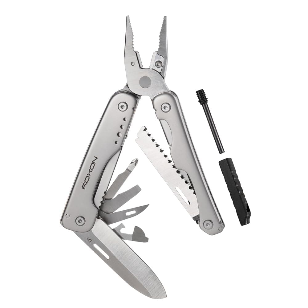 ROXON S803E Elite Flash Multitool with 20 Functions Including Strong Pliers, Flint Rod, Full-Size Lockable Blades for Outdoor Essential Survival Tool