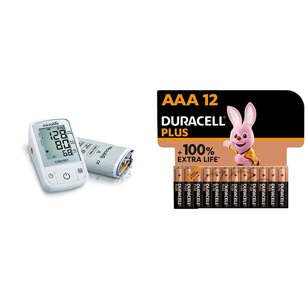 Microlife BPA2-B Microlife A2 Basic Portable Automatic Upper Arm Blood Pressure & Pulse Monitor & Duracell Plus AAA Alkaline Batteries [Pack of 12], 1.5V LR03 MN2400
