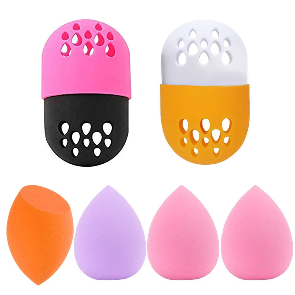 LORITARIA 2pcs Makeup Sponge Travel Holder, Soft Silicone Carrying Case, with 4pcs Egg Shaped Beauty Makeup Sponges (Rose Red & Black, White & Orange)