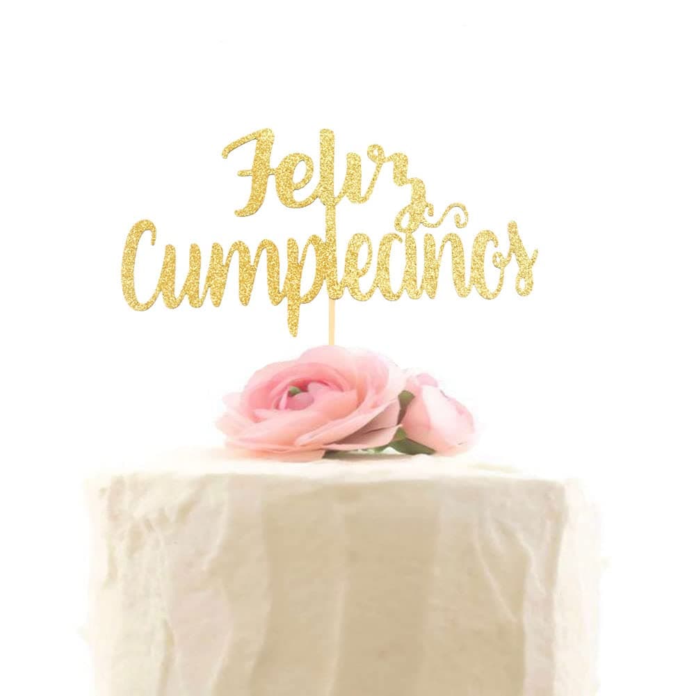 Feliz Cumpleaños Cake Topper - Happy Birthday Cake Decor, Spanish Birthday Party Decorations - Gold Glitter