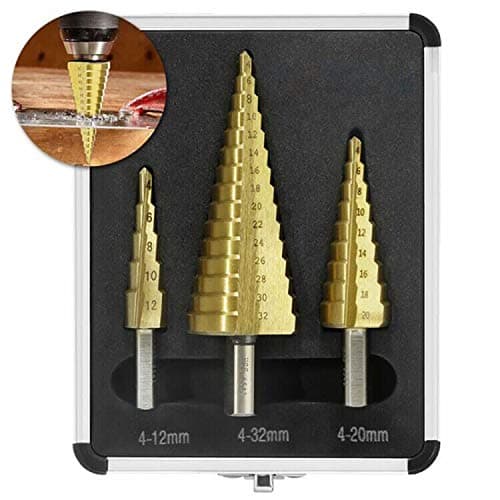 V VONTOX Step Drill 3-Piece HSS 6542 Titanium Coated Step Drill Set, Multi Metric Size 4-12/20/32 mm for DIY Plastic / Wood / Carbon Steel / Aluminium / Iron
