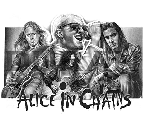 Alice in Chains Original Sketch Prints - Poster Size - Black & White - Features Jerry Cantrell, Layne Staley, Sean Kinney and Mike Inez. Print of Highly-Detailed, Handmade Drawing By Artist Mike Duran