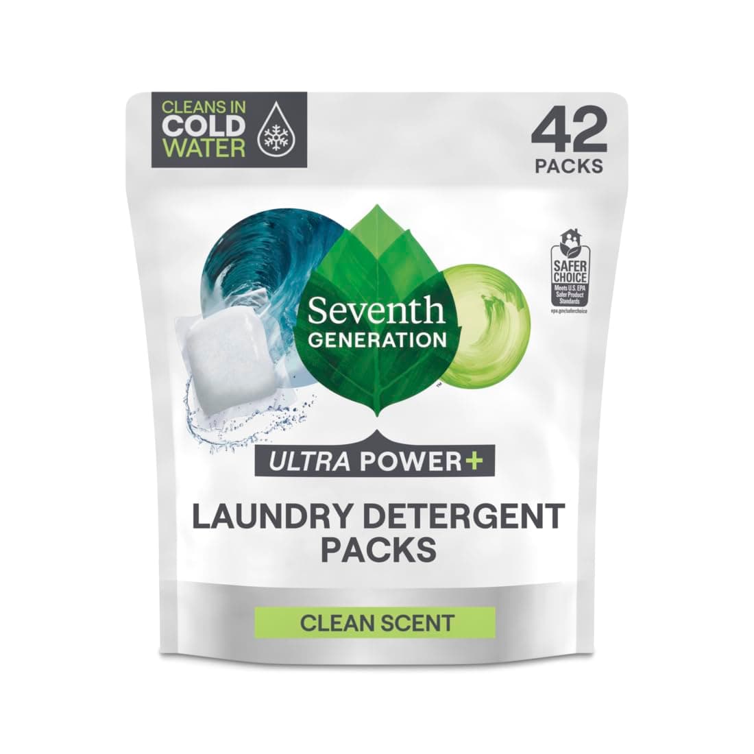 Laundry Detergent Packs, Ultra Power +, Clean Scent, 42 Packs, 29.6 oz (840 g), Seventh Generation