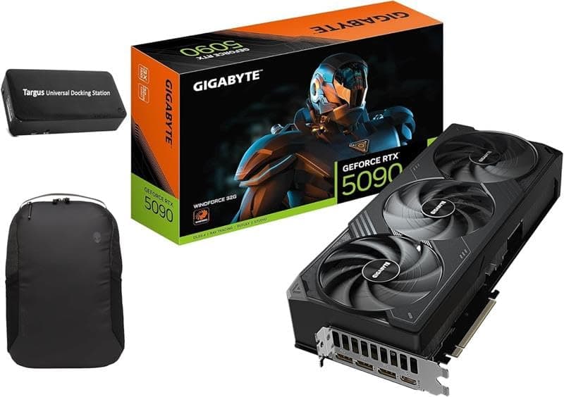GIGABYTE GeForce RTX 5090 WINDFORCE OC 32G Graphics Card, WINDFORCE Cooling System, 32GB 512-bit GDDR7, GV-N5090WF3OC-32GD Video Card Bundle with Targus dockstation and Alinware Backpack