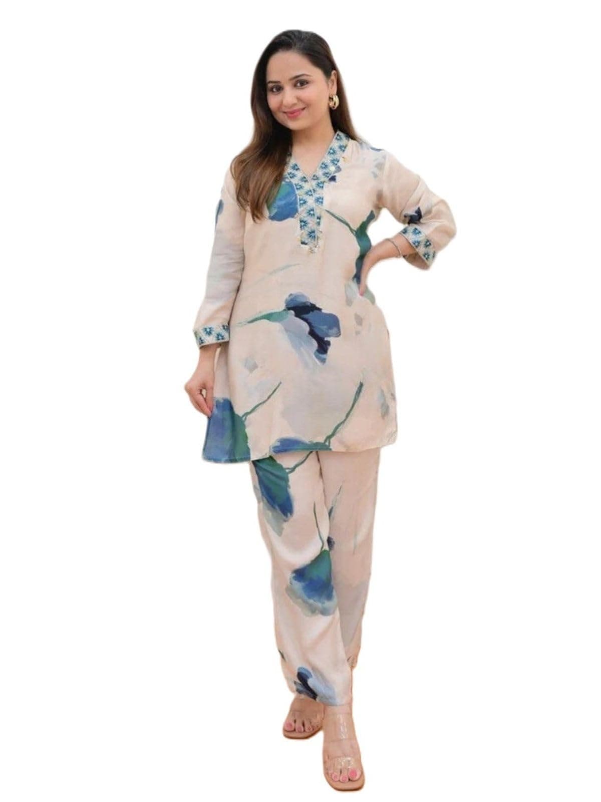 Women's Ethnic Fusion Floral Cotton Blend Kurta Set with Pant - Co-ord Set