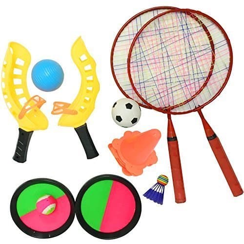 Rexco Childrens Kids 4 In 1 Plastic Badminton Football Catch Pelota Ball Game Set Garden Outdoor Beach Toys In Backpack Rucksack Carry Case