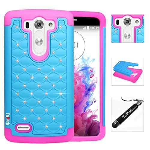 [ LG G3 Mini D725 / G3 Vigor LS885 ] ToPerk Luxury Spot Diamond Dual Layer Armor Case & ToPerk ? Stylus Pen As Bundle Sale - Sky Blue/Hot Pink