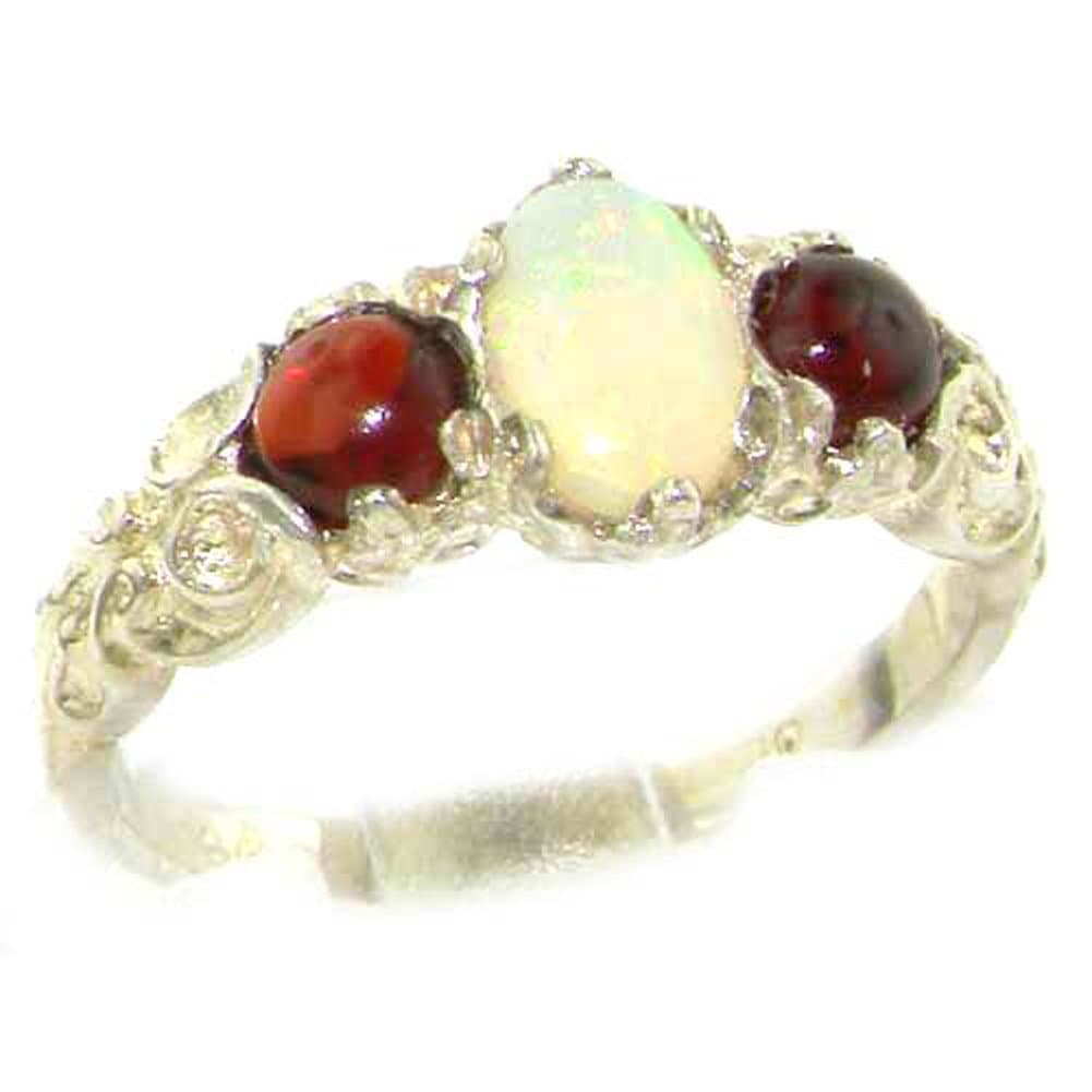 925 Sterling Silver Natural Opal and Garnet Vintage Anniversary Ring - Size 5.25
