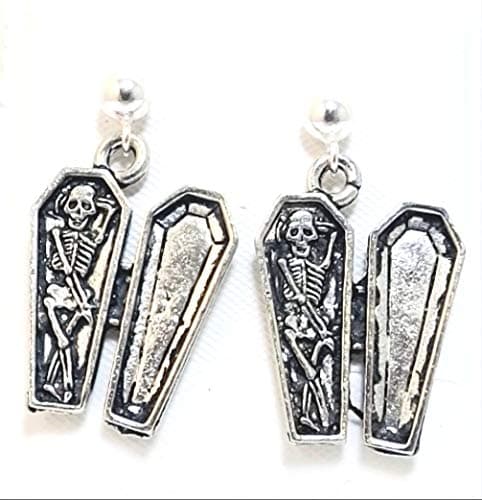 Pewter Skeleton in Coffin Charms on Hypoallergenic Ball Post Stud Earrings