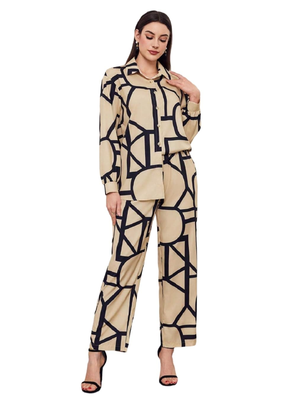 BollycluesWomen's Cotton Floral Printed Shirt Collar Tunic with Trousers Co-Ord Set/Cotton Cord Set for Women