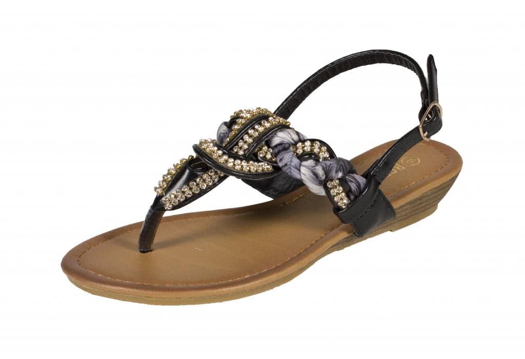 RCK Bella Women's Avia-1 Diamond Braided Thong Flat Slingback Sandal, black leatherette, 6.5 M US