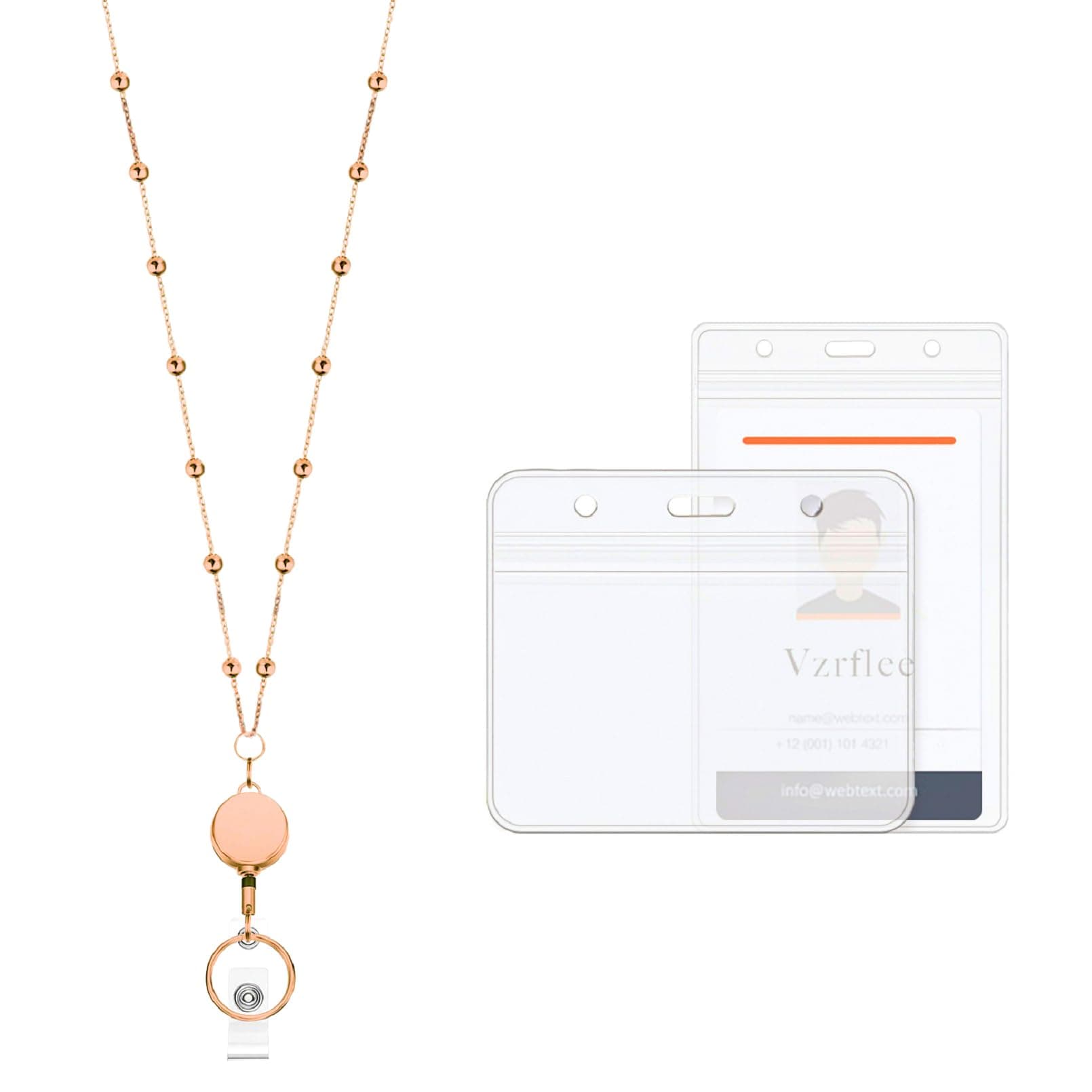 Retractable Badge Reel Lanyard with 2 Pieces ID Holder for Women, Fashion Beaded Chain Premium Stainless Steel Lanyard Necklace Water Resistant Name Badge Holder