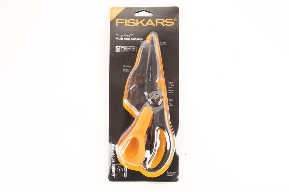 Cuts + More Multi-tool Scissors, Includes Protective Case With Scissor Sharpener, Length: 23 cm, Titanium Coating, Stainless Steel Blade/Plastic Handles, Black/Orange, 1000809