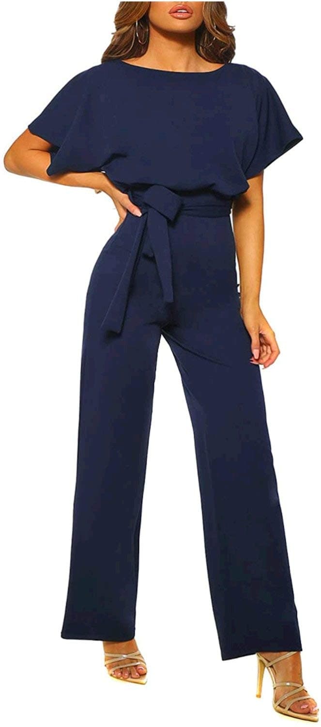 Happy SailedWomens Loose Short Sleeve Belted Wide Leg Pant Romper Jumpsuit Business Casual One Piece Outfits