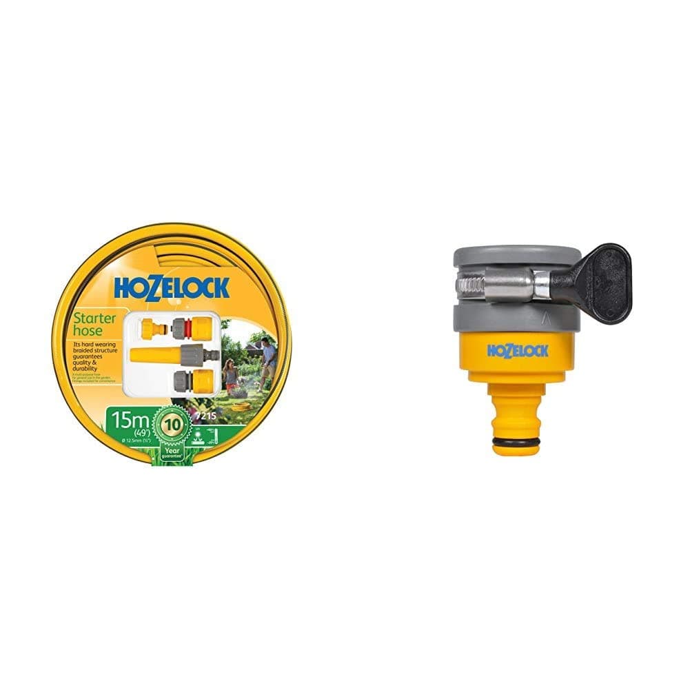 Hozelock Starter Hose Set 15m & Round Mixer Tap Connector with a Minimum Diameter of 20 mm & a Maximum Diameter of 24 mm