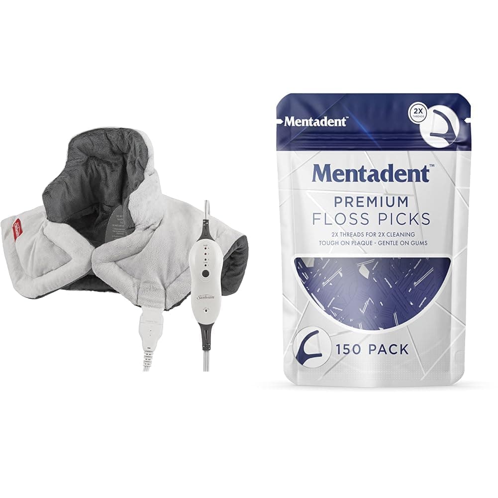 Sunbeam Neck Heating Pad with Mentadent Floss Picks - Neck Pain Relief Pad with Auto Shut Off, 150 Count Flossers with Toothpicks