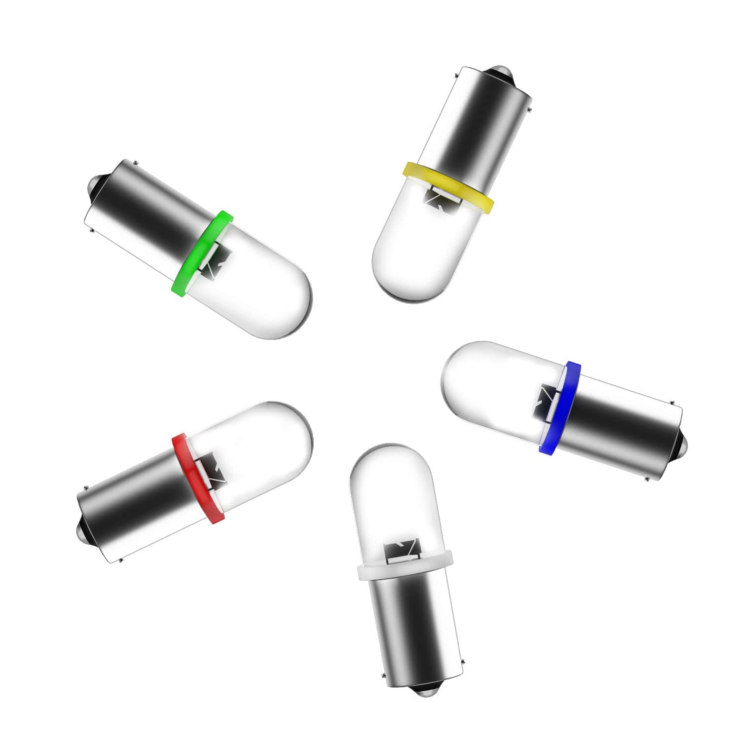 YM E-Bright50-Pack Mix 5 Colors White/Blue/Red/Yellow/Green BA9S 182 257 363 W6W 1 SMD Convex LED Bulb Clearance Wedge Plate Width Reading Light Bulb DC 12V