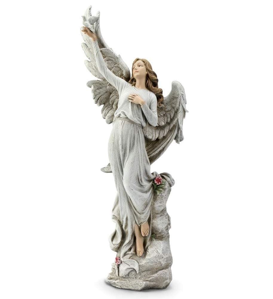 Angel Holding Dove Classic White 20 inch Resin Stone Collectible Figurine