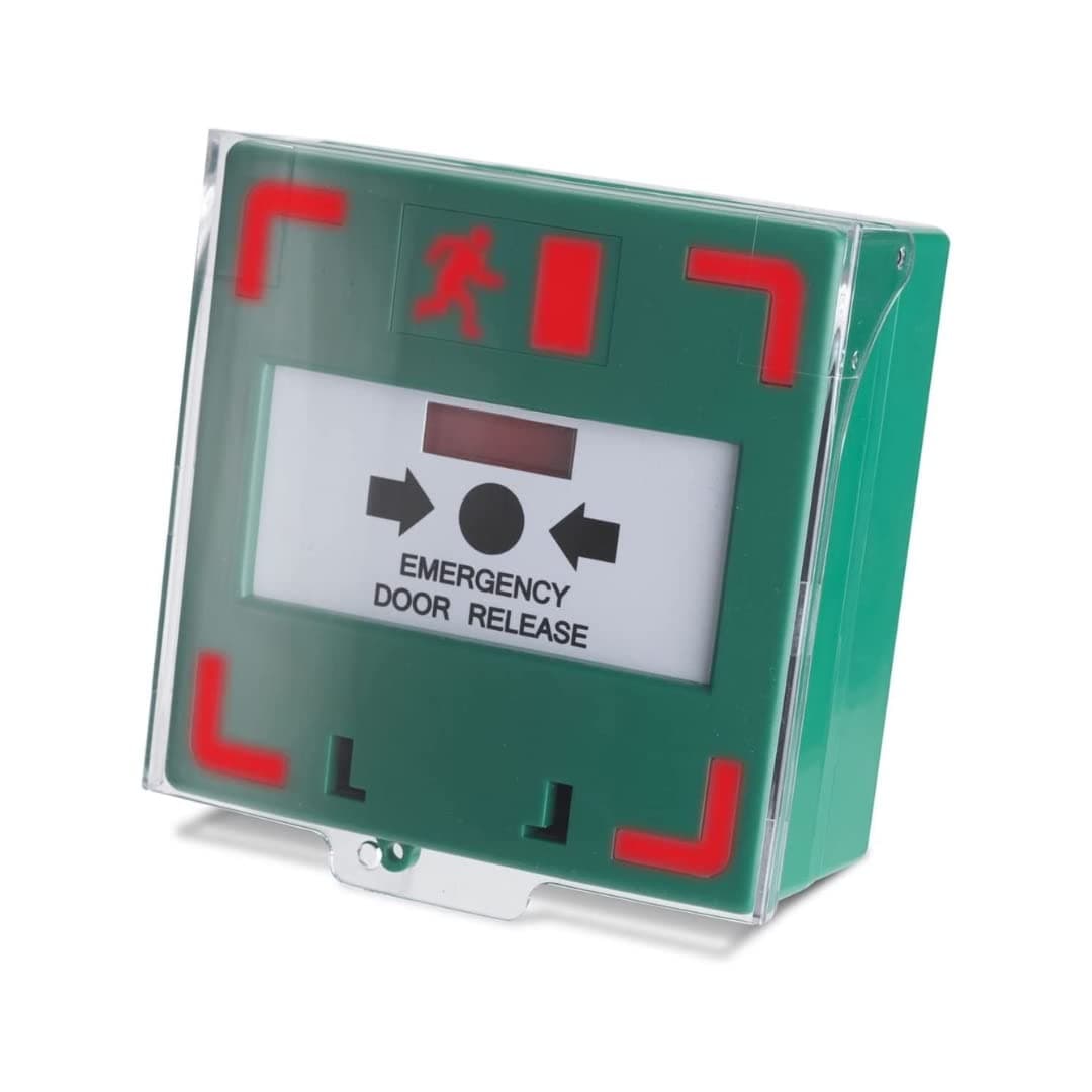 SecureMyDoor - Resettable Call Point Emergency Exit Door Lock Release Switch - Surface Mount with LED Status Indicator & Sounder | Green Plastic | Manual Override for Magnetic Locks Access Control