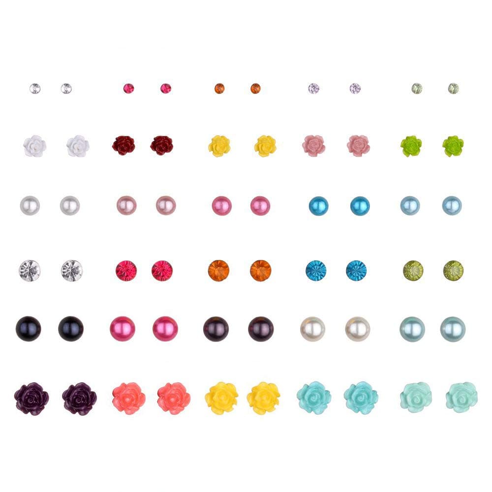 Aganippe 20/24 /30 Pairs Hypoallergenic Girls Stud Earring Set Unicorn Heart Mermaid Scales Rainbow Pearls Owl Rhinestone Cute Mixed Color Stainless Steel Stud Earring Pack (E0847-9)